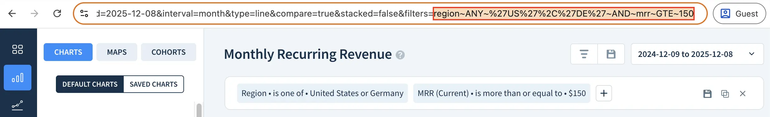 Screenshot of the MRR chart with filters applied with the value of the filters parameter highlighted in the browser address bar