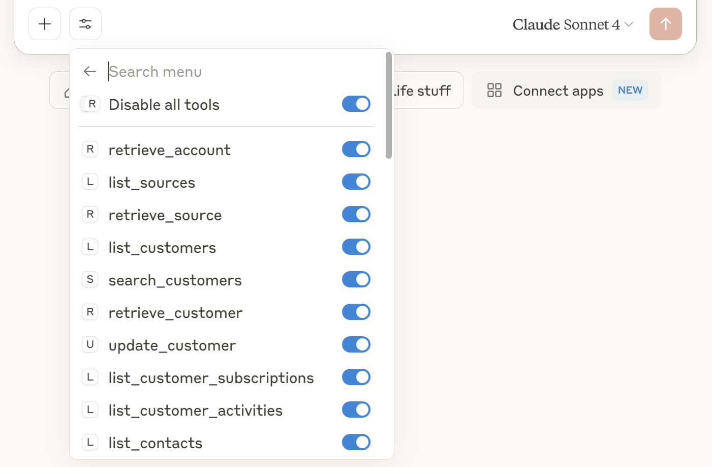 Screenshot of a drop-down listing ChartMogul endpoints such as retrieve_account, list_sources or update_customer with toggles to enable and disable individual endpoints.