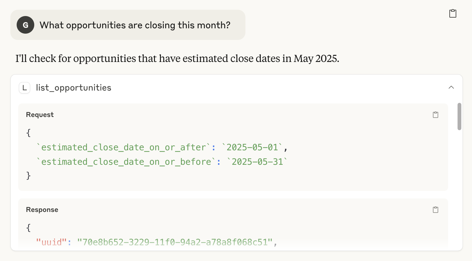 Prompt: What opportunities are closing this month? Answer: I'll create a follow-up task for Toast Inc to check on their renewal status by June 15th. First, let me get the customer details to ensure I have the correct customer UUID.