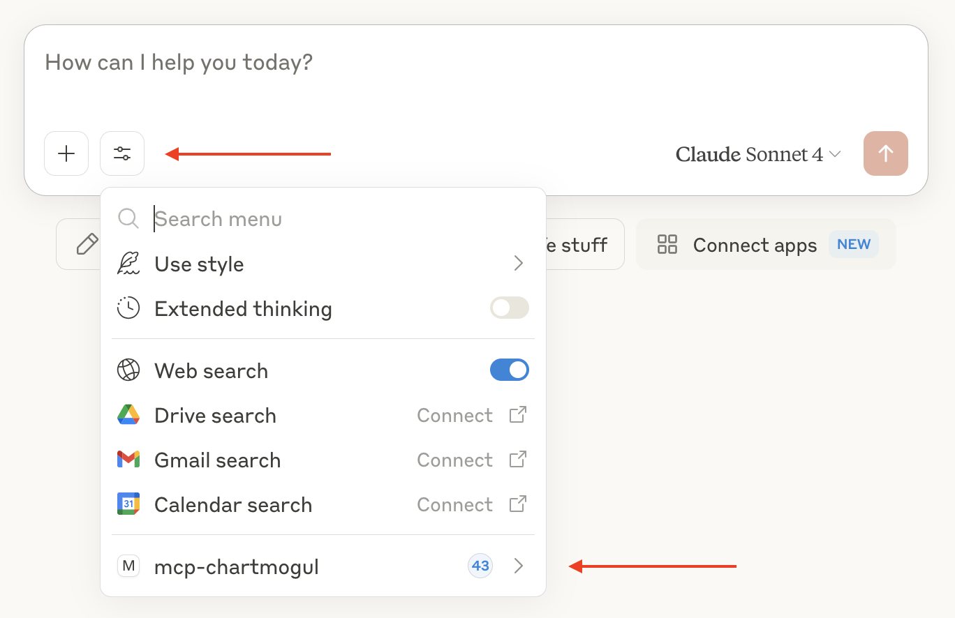 Screenshot of the Search and tools drop-down with mcp-chartmogul as an option.